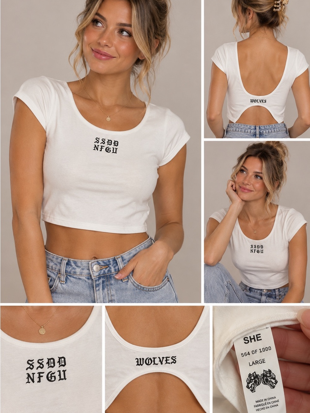 Darc Sport White Cropped Tee with Back Cutout and Black Gothic Print